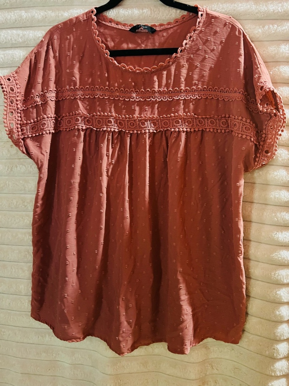 Boho Crochet-Trim Short Sleeve Top - Dusty Rose L